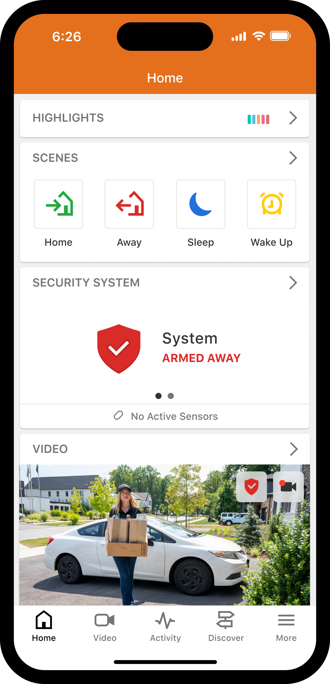 ADC_AppUI_Residential_OrangeHeader_Dashboard_ScenesSecurityVideo